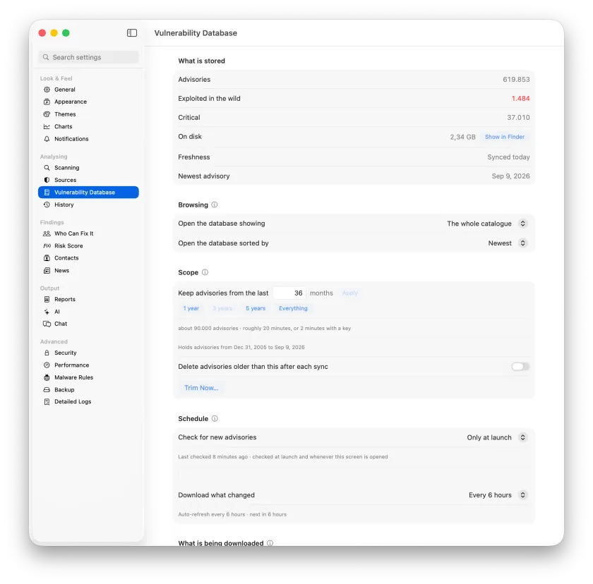 The Vulnerability Database settings pane, showing what is stored on this Mac