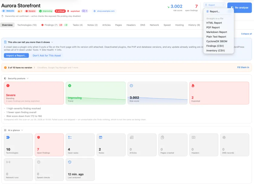 The export menu open over an asset overview