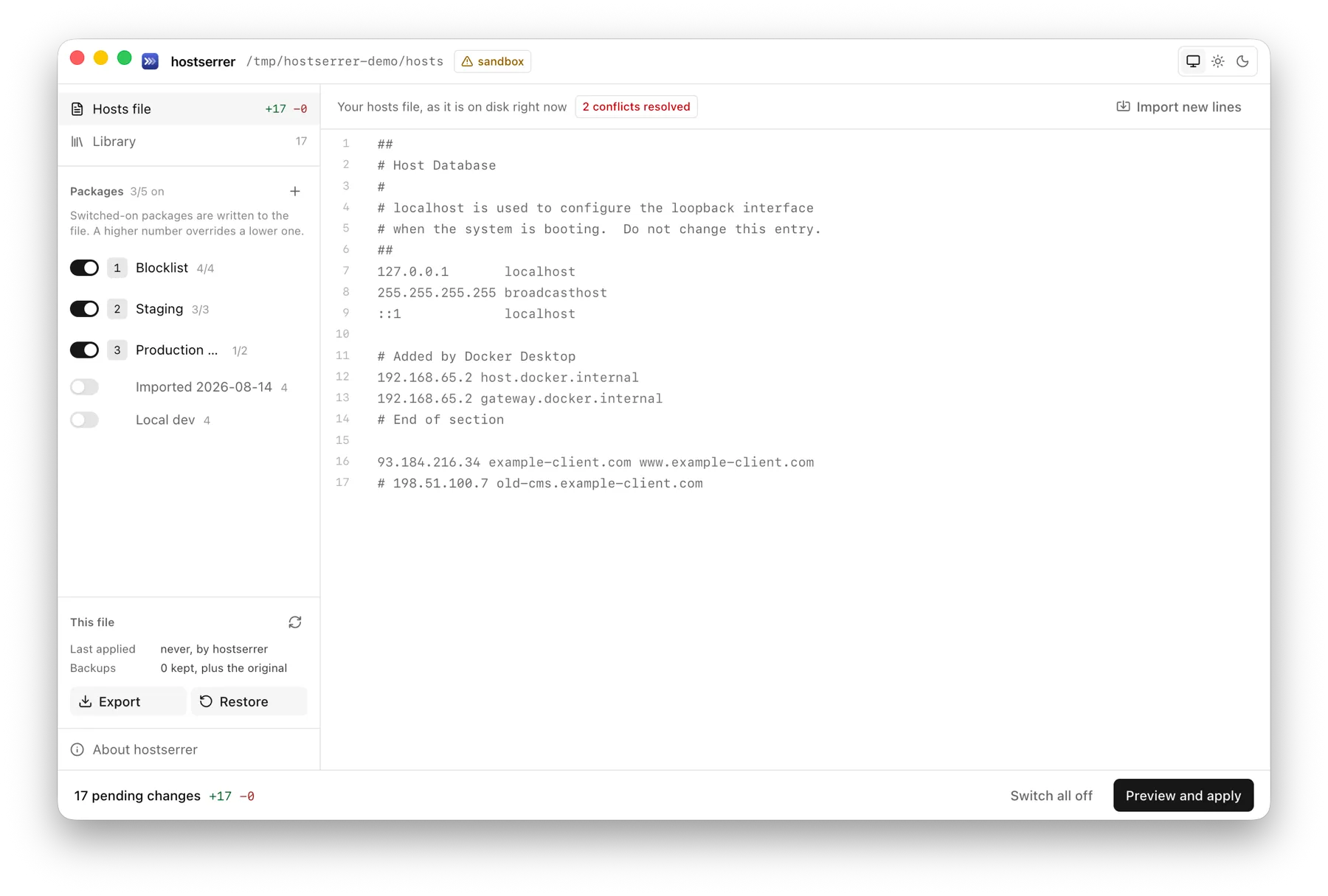 Hosts file view with live file contents on the right and the package stack in the sidebar