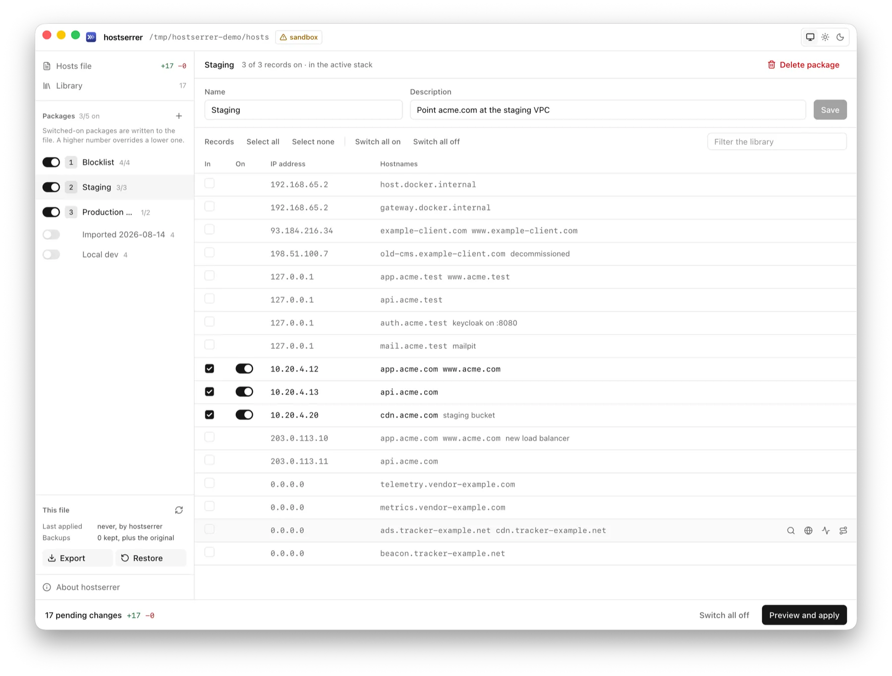 Package editor showing membership checkboxes, active toggle switches, and full library filtering