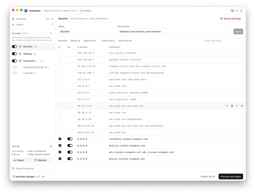 Blocklist package interface with tracker and telemetry blocking records enabled