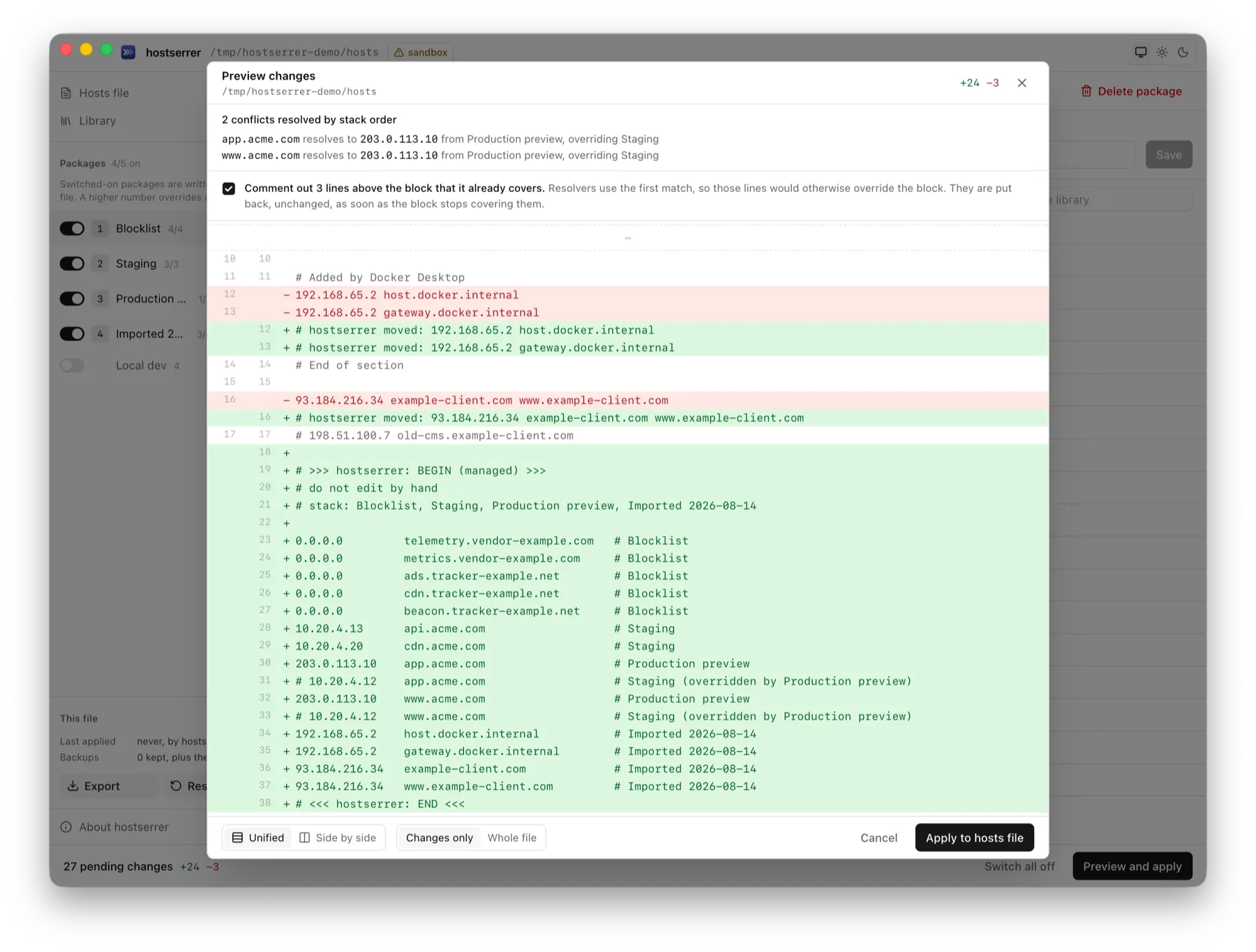 Preview changes dialog showing package conflicts, shadowed line warnings, and unified diff