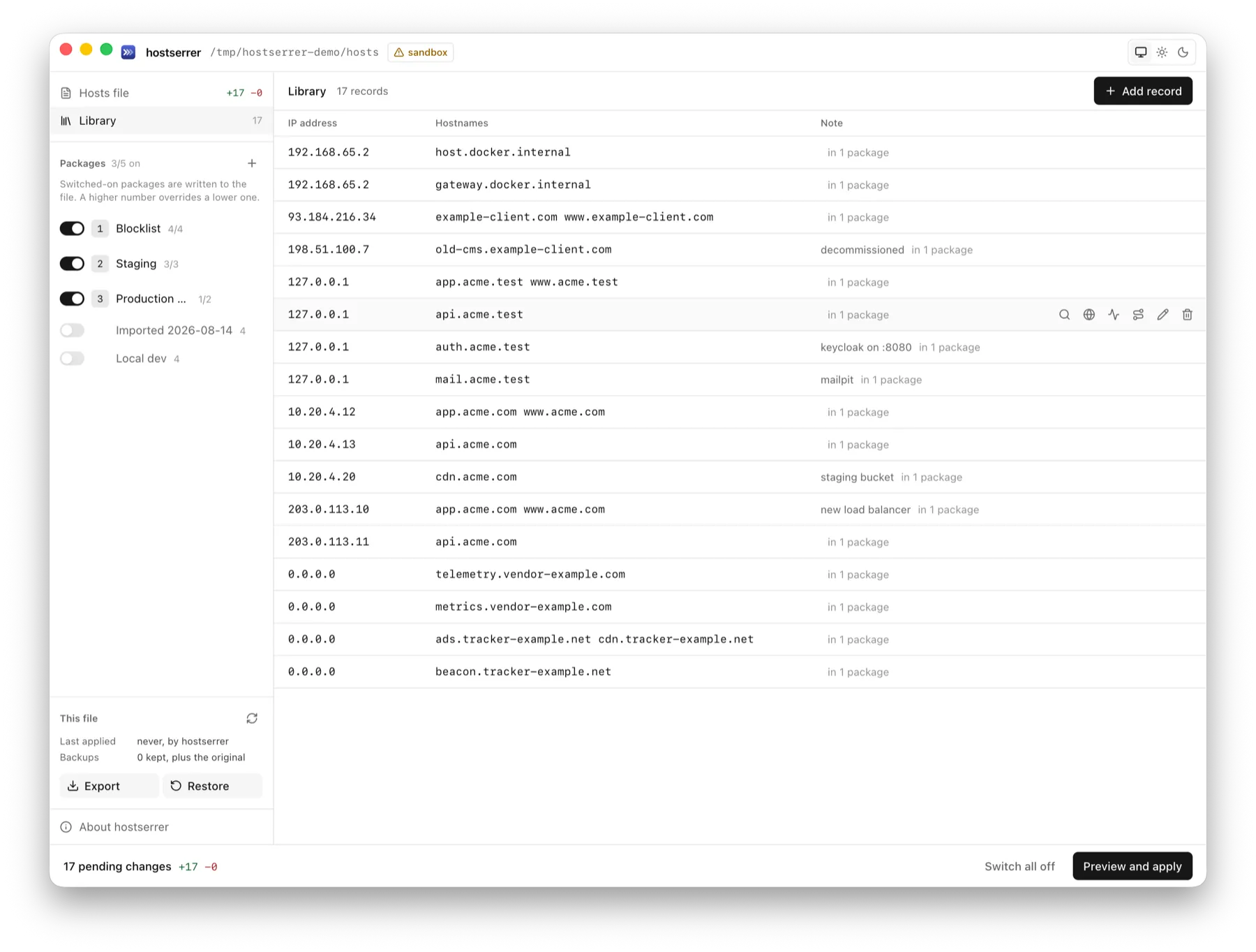 Record library displaying IP addresses, associated hostnames, notes, and package usage counts