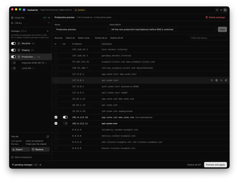Production package view in dark theme with disabled record indicated by strike-through
