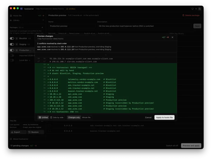 Unified diff preview in dark theme showing isolated block addition without conflicts