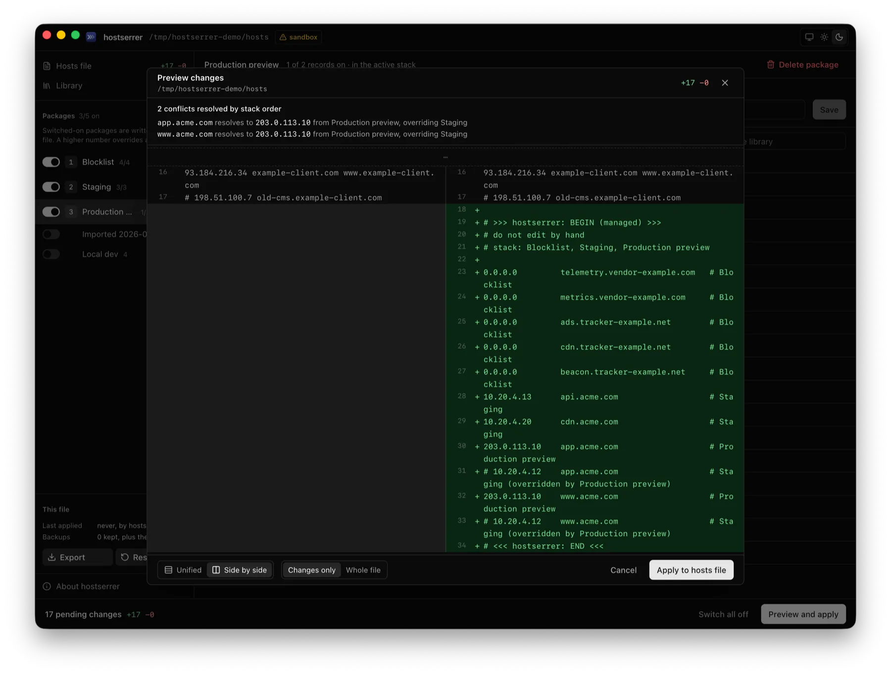 Side-by-side diff in dark theme illustrating the isolated managed block insertion