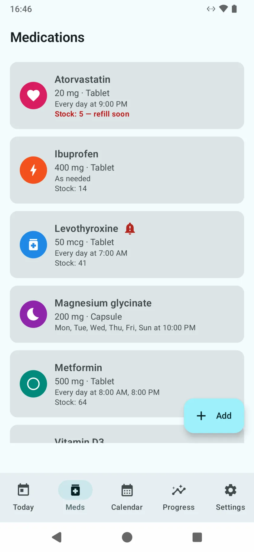 The Medications list, each with its dose, form, schedule and remaining stock, and an Add button