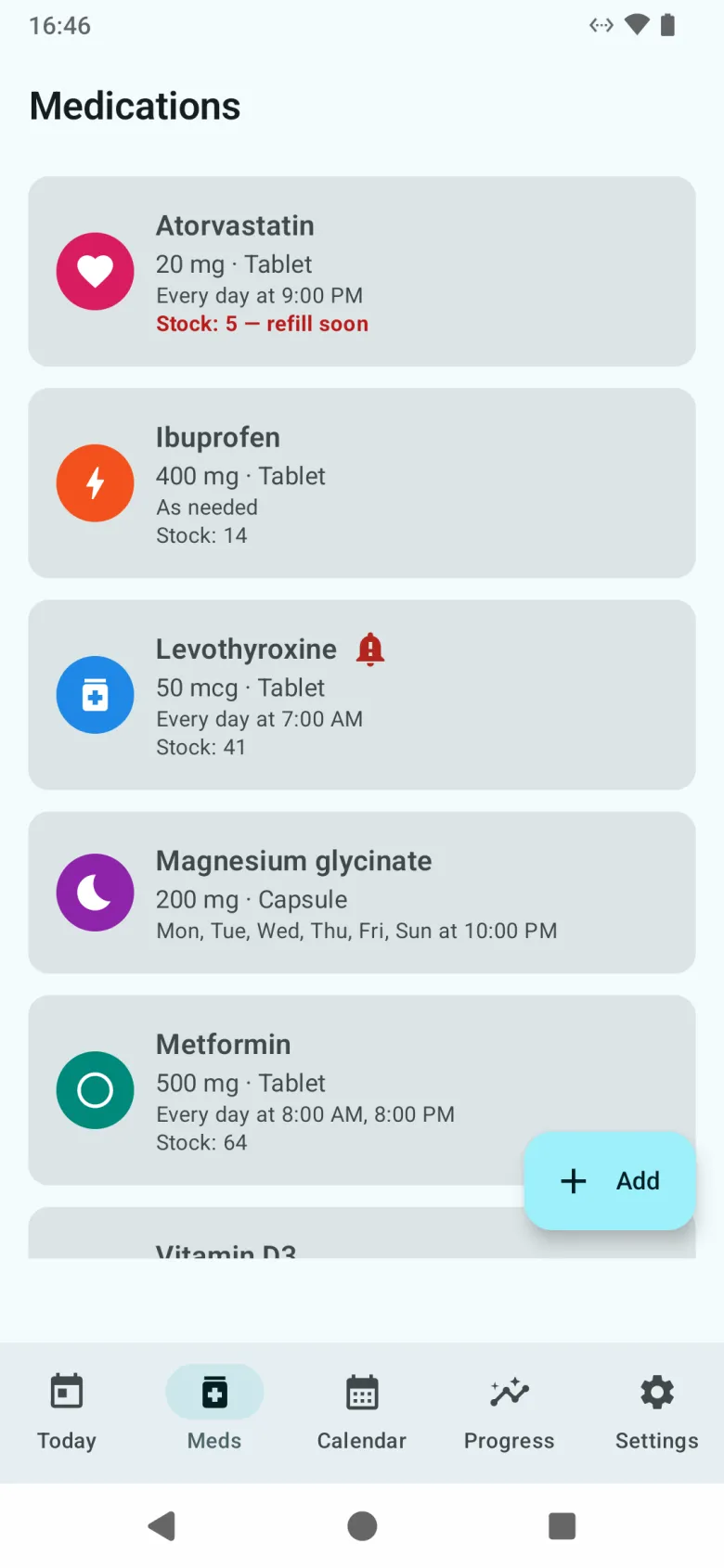 The Medications list, each with its dose, form, schedule and remaining stock, and an Add button
