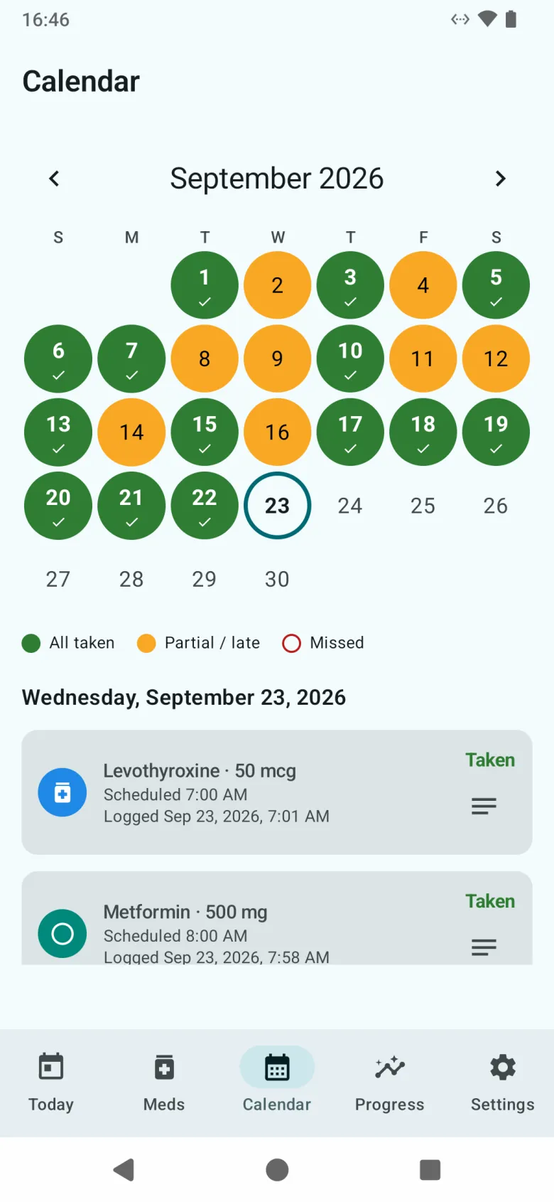 The calendar for the month, each day coloured as all taken, partial or late, or missed, above the doses for the selected day