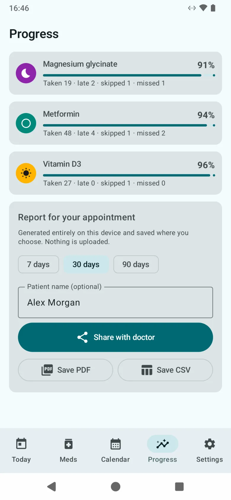 The appointment report on the Progress tab, with a period choice, an optional patient name, and buttons to share, save a PDF or save a CSV