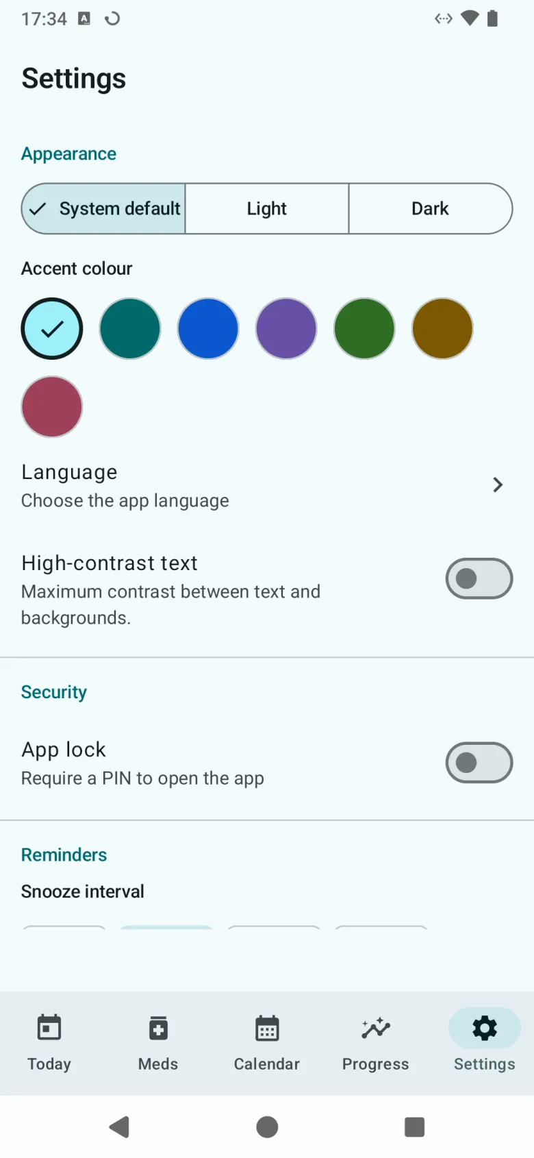 Settings, with theme, accent colour, language, high-contrast text, app lock and the start of the reminder options