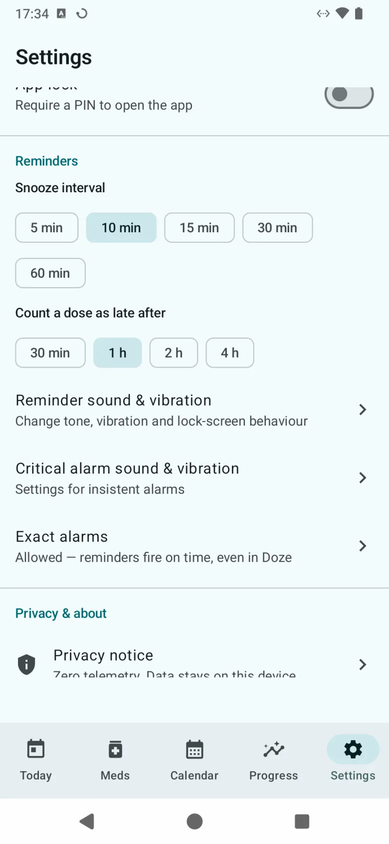 Reminder settings: snooze interval, when a dose counts as late, reminder and critical alarm sounds, exact alarms, and the privacy notice