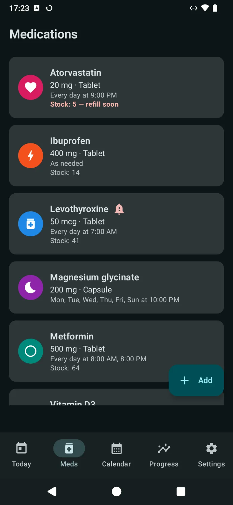 The Medications list, each with its dose, form, schedule and remaining stock, and an Add button