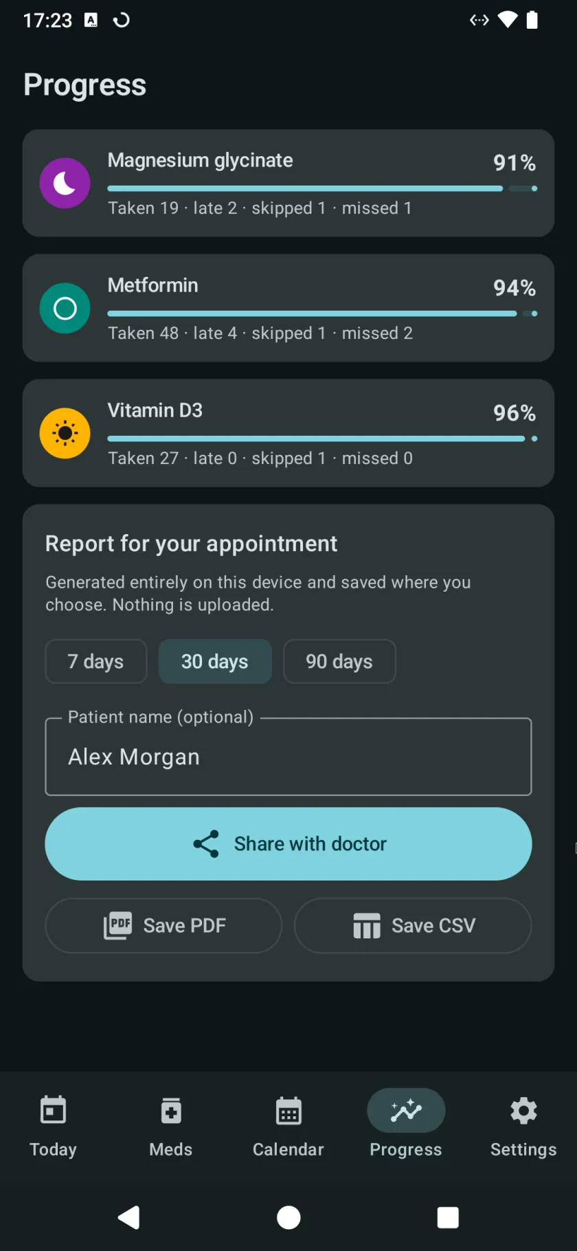 The appointment report on the Progress tab, with a period choice, an optional patient name, and buttons to share, save a PDF or save a CSV