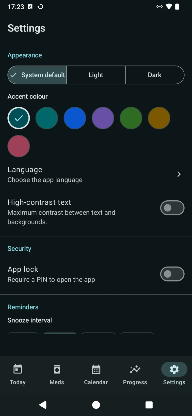 Settings, with theme, accent colour, language, high-contrast text, app lock and the start of the reminder options