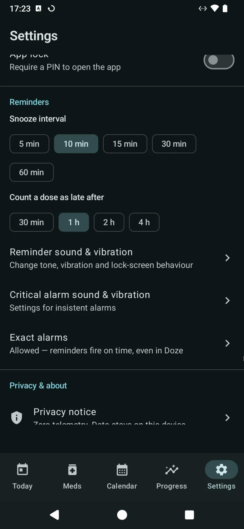Reminder settings: snooze interval, when a dose counts as late, reminder and critical alarm sounds, exact alarms, and the privacy notice