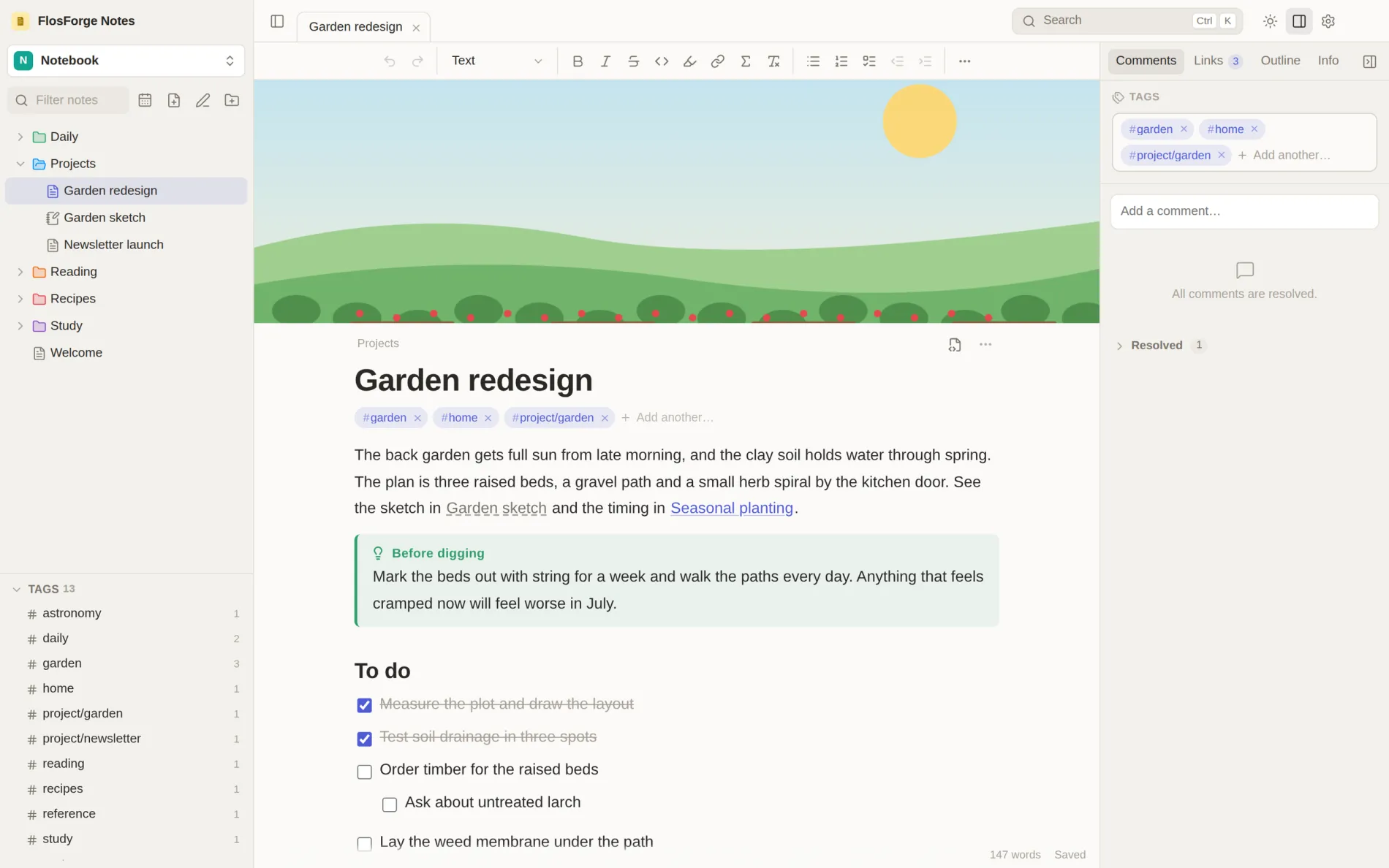 A note open in FlosForge Notes, with a cover image, tags, a callout and a task list, beside the folder tree and the details panel