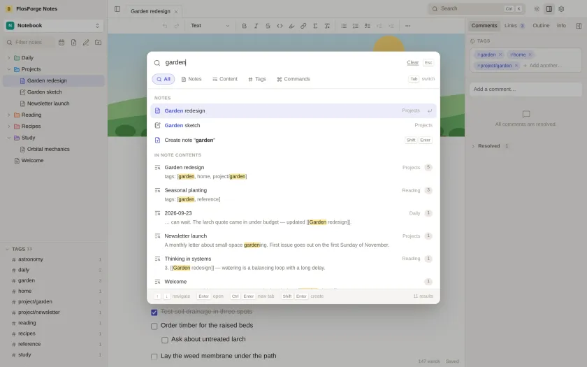 The search window, listing notes whose names match and the passages inside notes that match, with the query highlighted