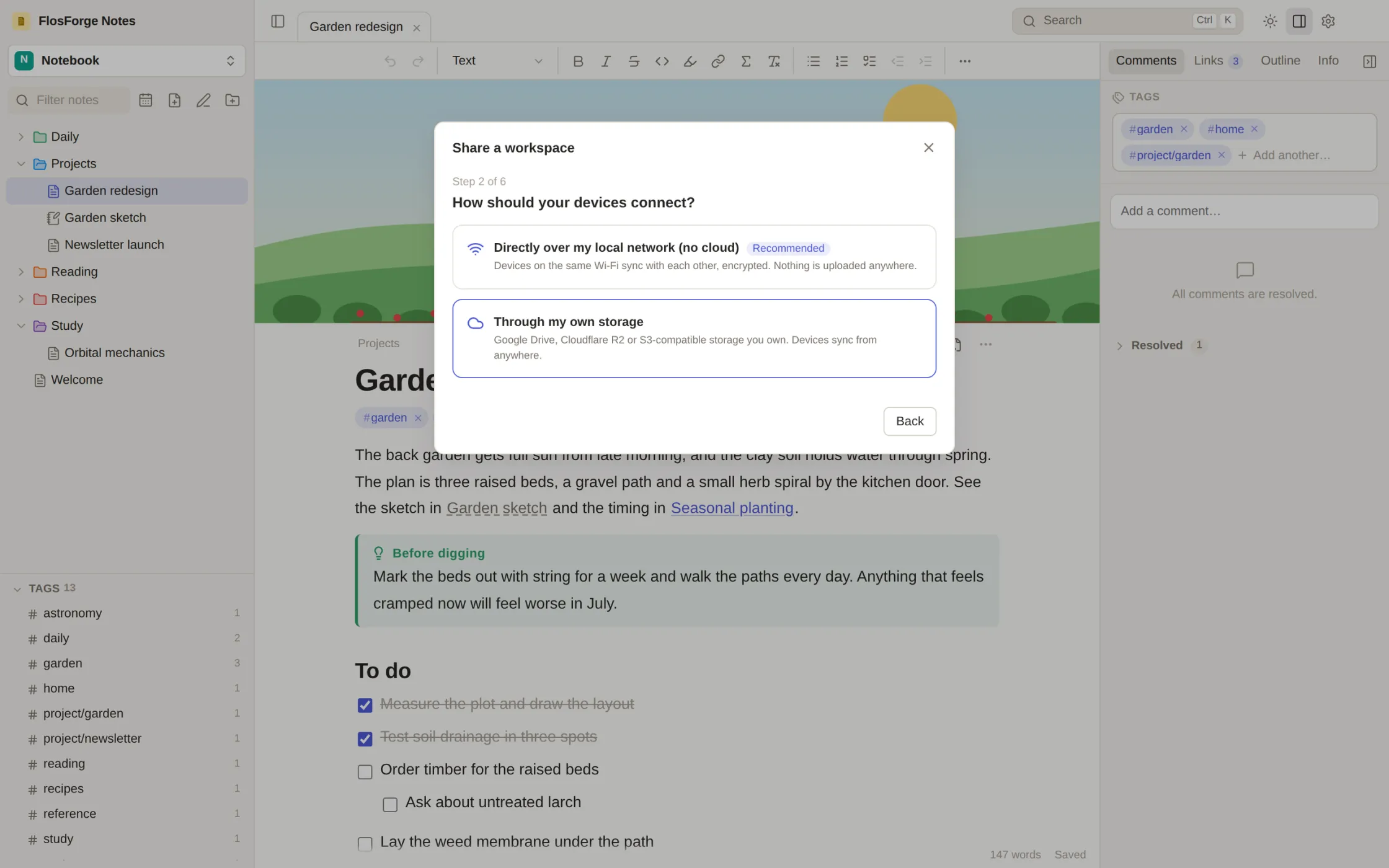 The sync set-up window asking whether devices should connect over the local network or through your own storage