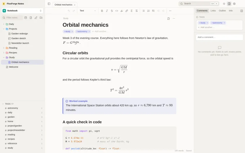 A study note with rendered mathematical formulas and a syntax-highlighted code block