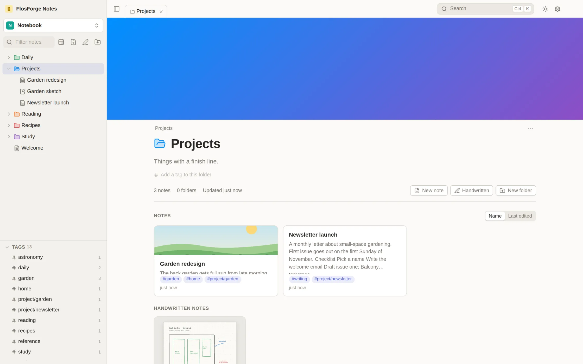 A folder page with a gradient header, its description, and cards for the notes and the handwritten note inside it