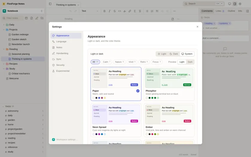 The Appearance settings, with a gallery of colour themes each shown as a small preview