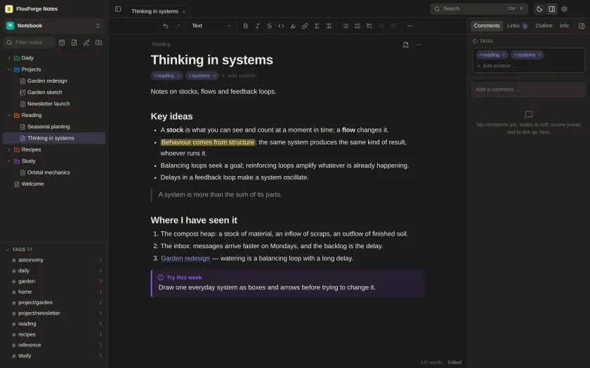 A reading note shown in the dark theme, with a highlight, a quote and a callout
