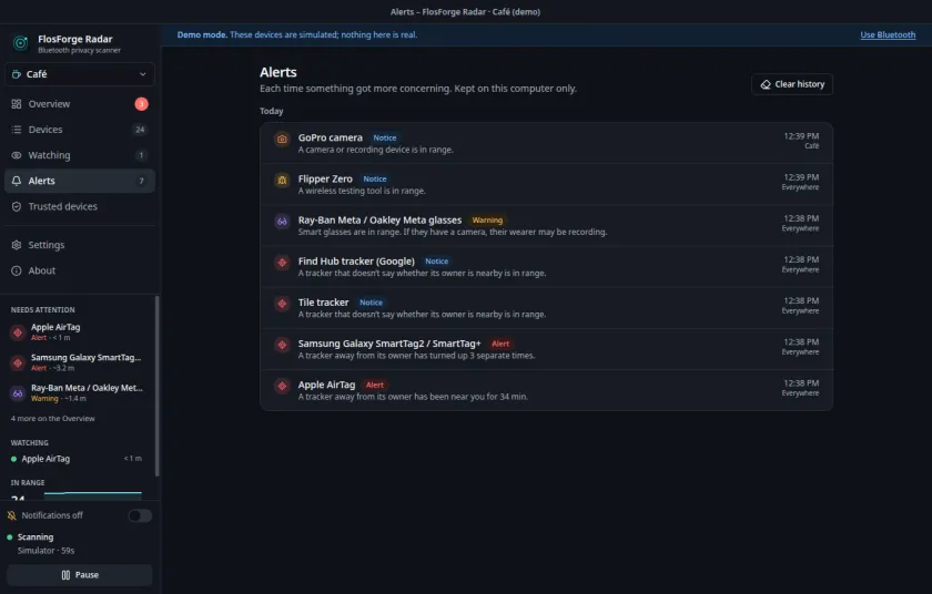 The Alerts page listing chronological escalations, from a camera detection notice to an AirTag alert