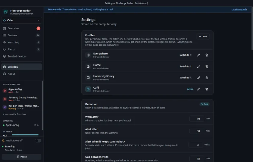 Settings page showing four location profiles and custom detection thresholds for the active profile