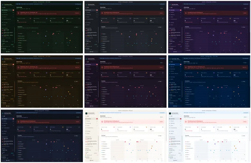 The overview screen shown in nine different color themes, including retro terminal and light paper styles