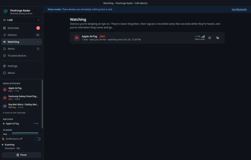The Watching page displaying a monitored AirTag with continuous signal recording