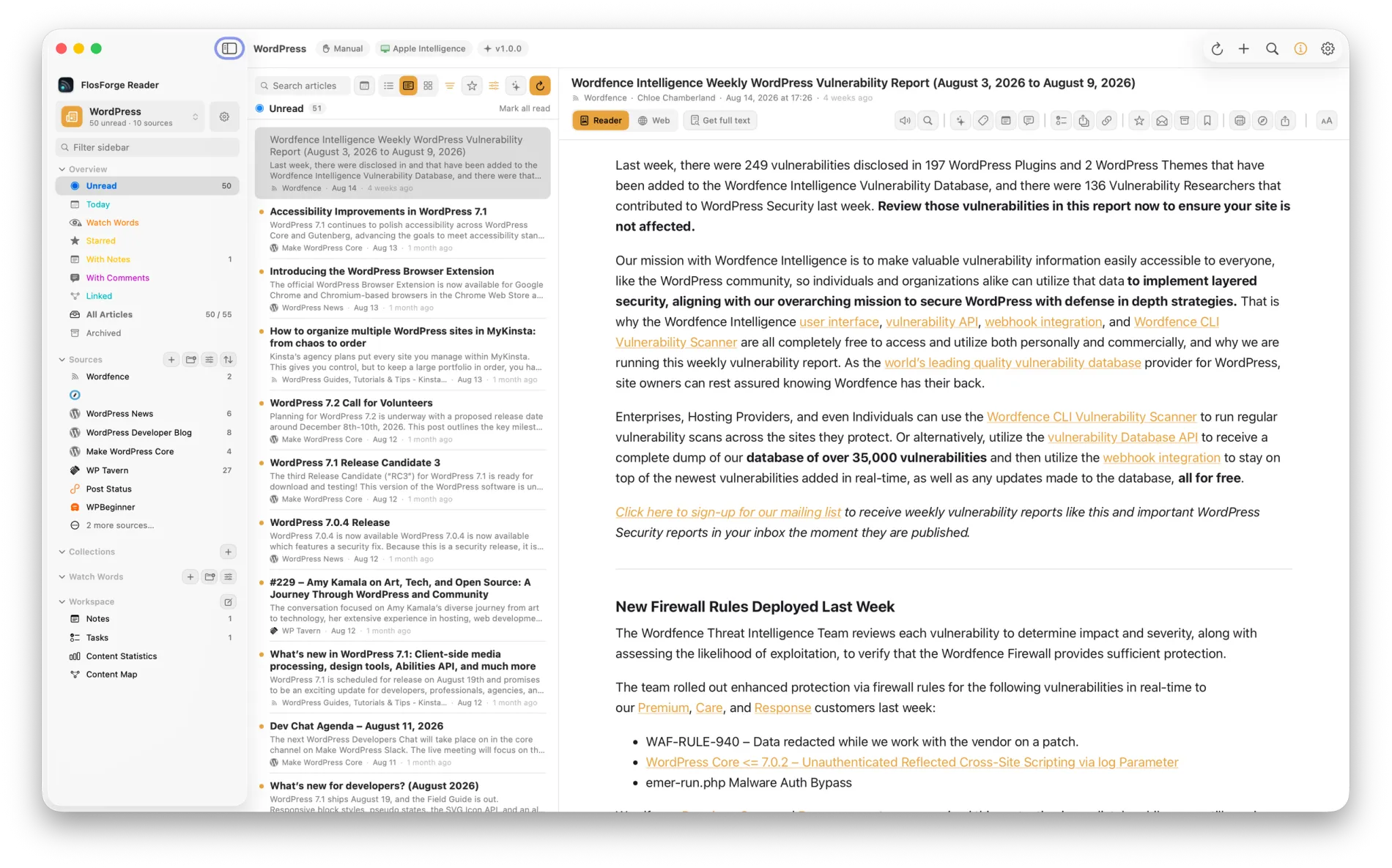 FlosForge Reader on macOS, with the sidebar, the article list and one article open in Reader