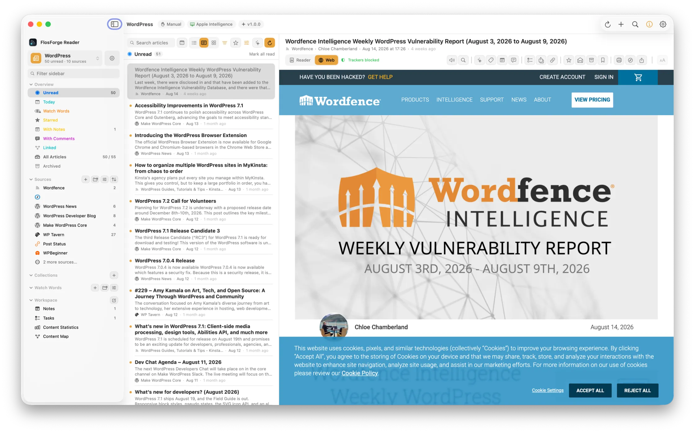 The same article shown in the Web view, with a trackers-blocked badge beside the tab