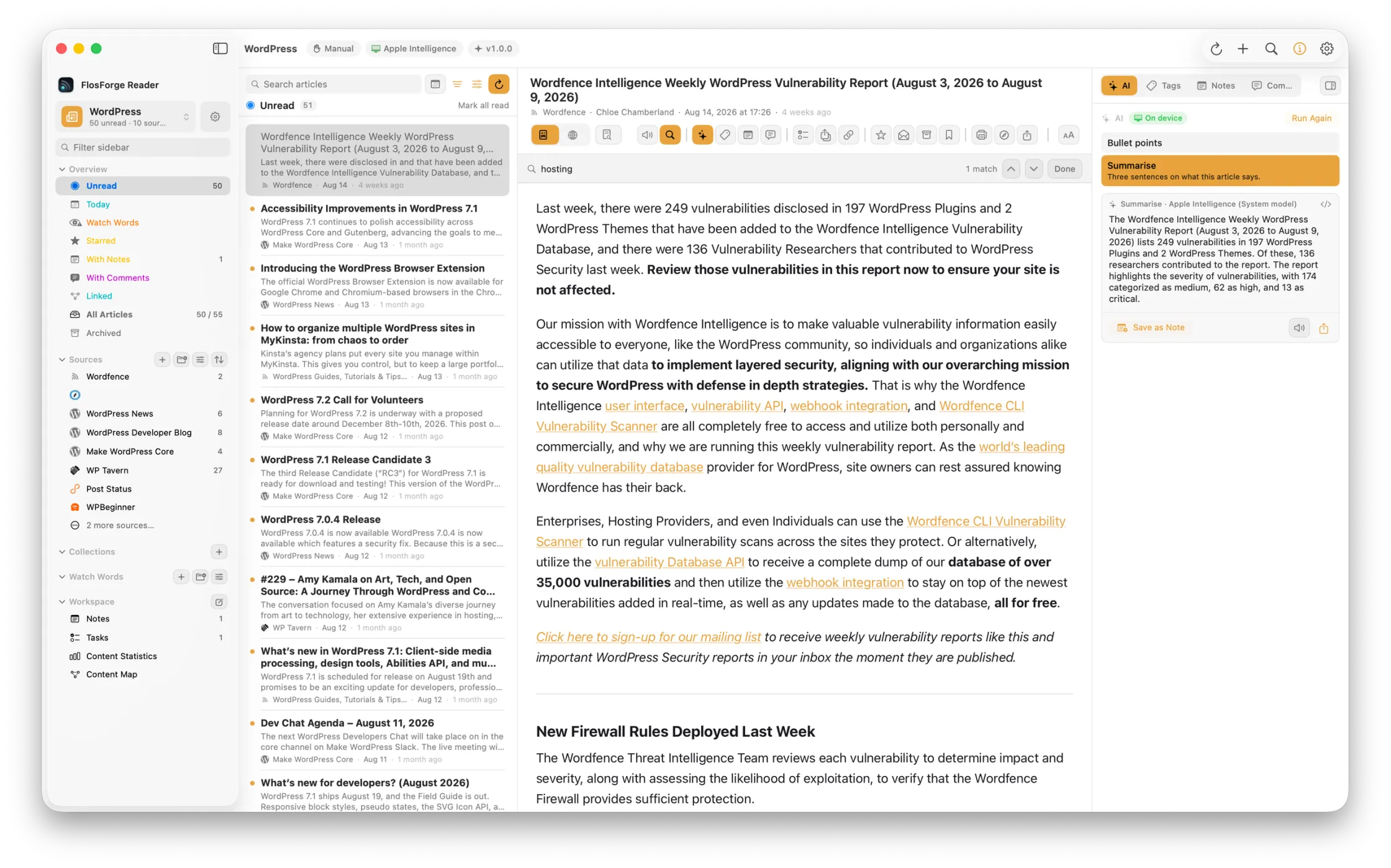 The AI panel open beside an article, showing a prompt result labelled as on-device