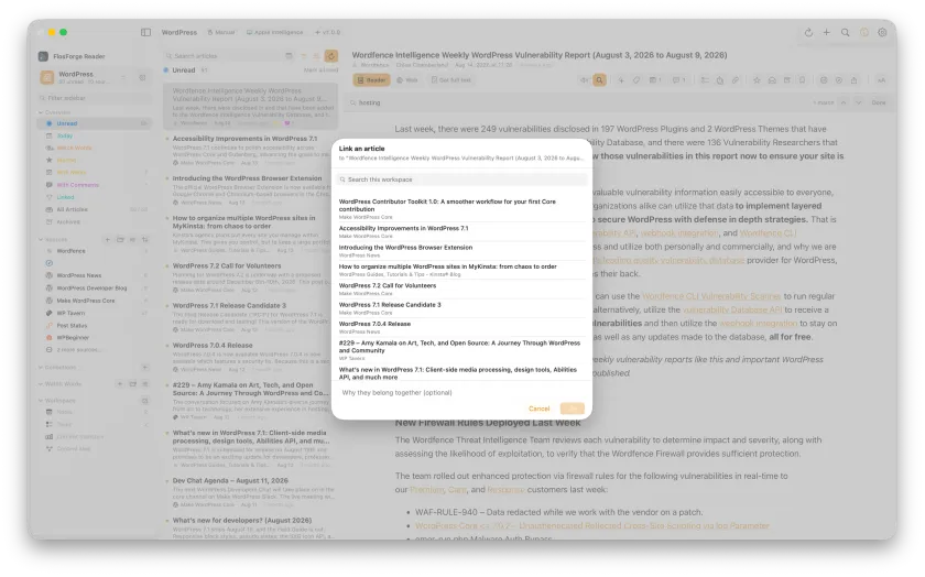 The “Link an article” dialog, searching the workspace for the article to link to
