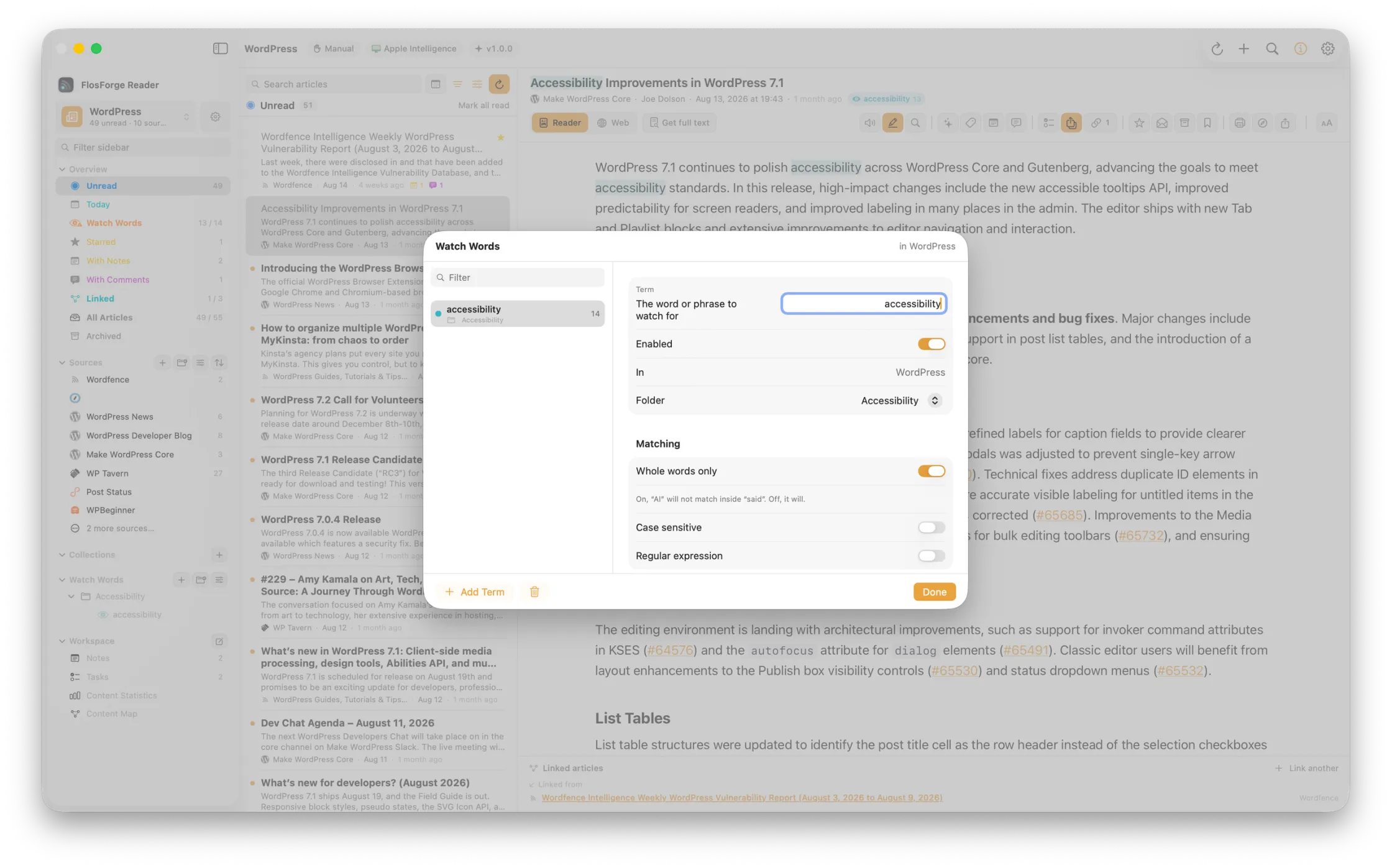 The Watch Words editor, showing a term with its matching rules
