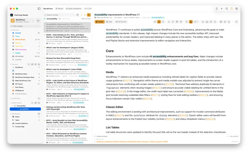 The article list filtered to one watch word, with matches highlighted in the article