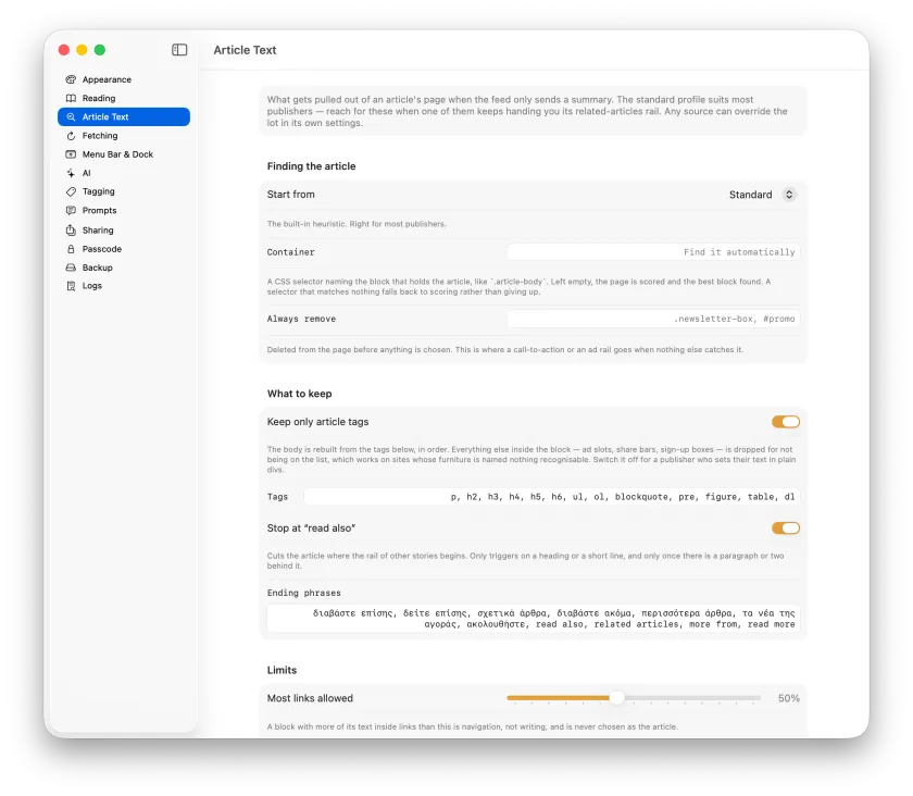 The Article Text settings pane, showing the extraction rules