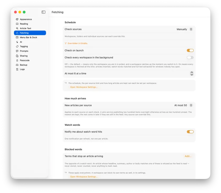 The Fetching settings pane, showing the schedule and the per-source limits