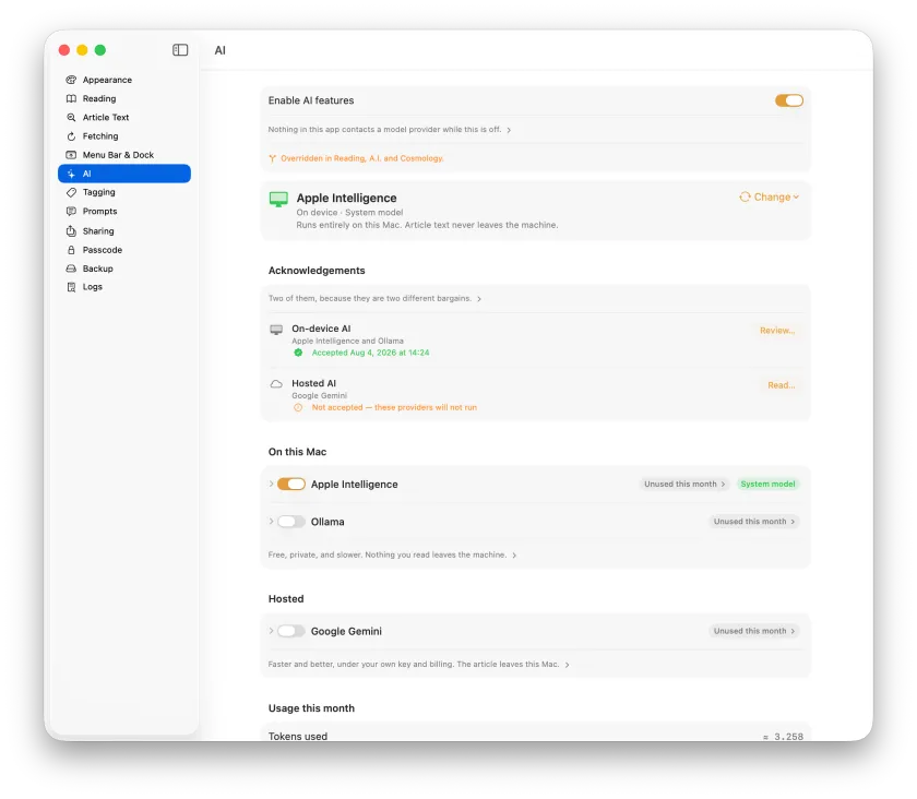 The AI settings pane, listing the providers and the acknowledgements