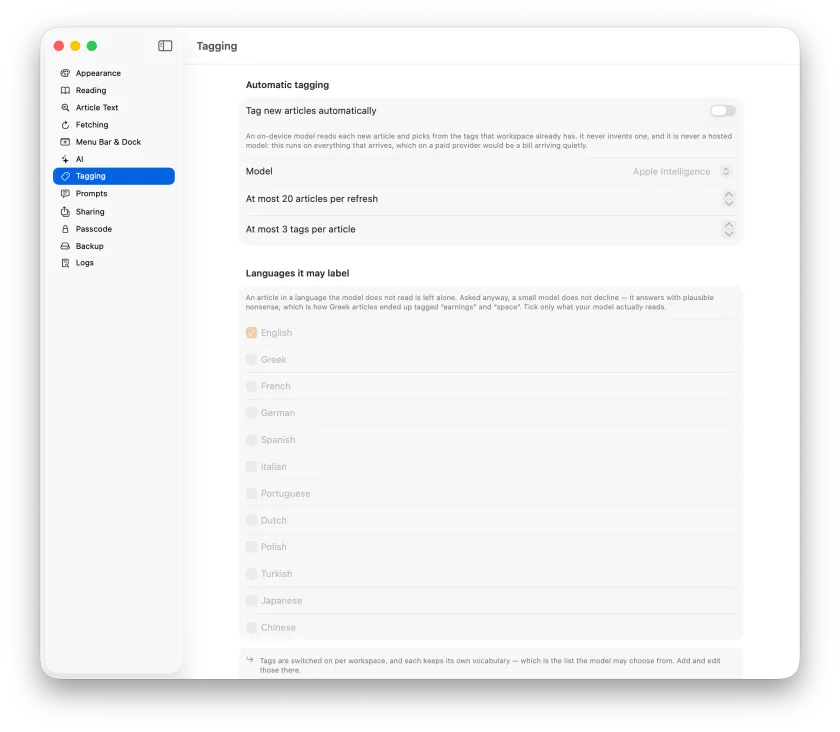The Tagging settings pane, showing automatic tagging and the languages it may label