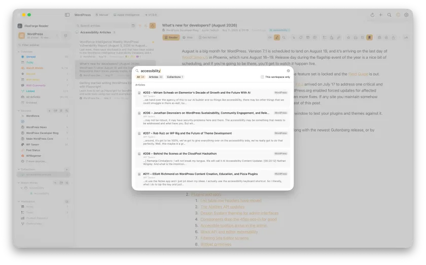 The search overlay open over the window, with results grouped by kind