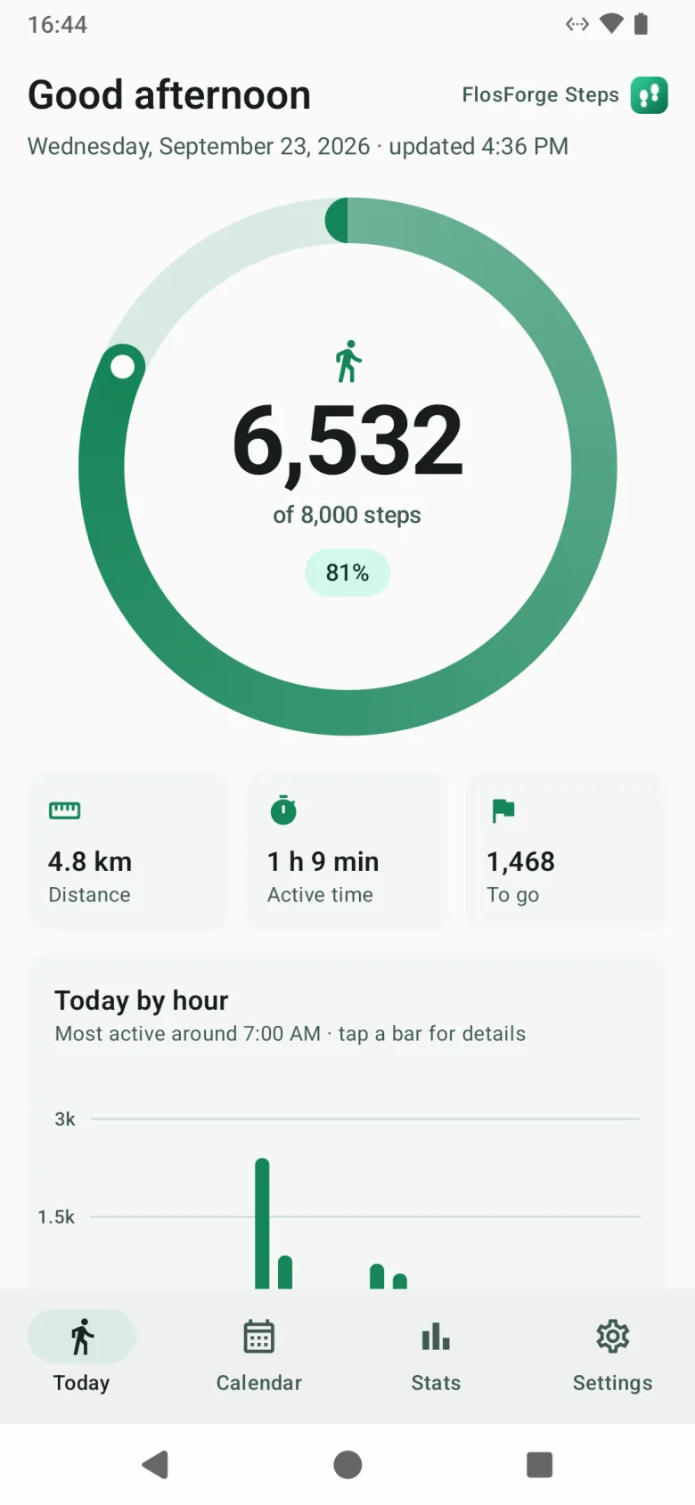 The Today screen, with a ring filling toward the daily step goal, and distance, active time and steps to go below it