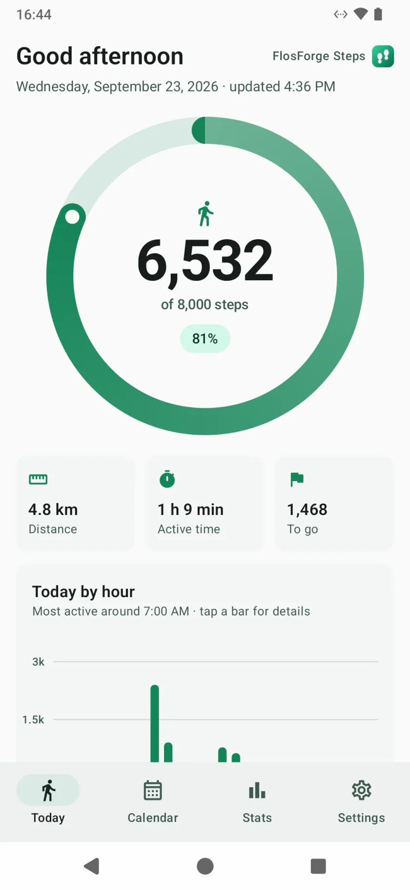 The Today screen, with a ring filling toward the daily step goal, and distance, active time and steps to go below it