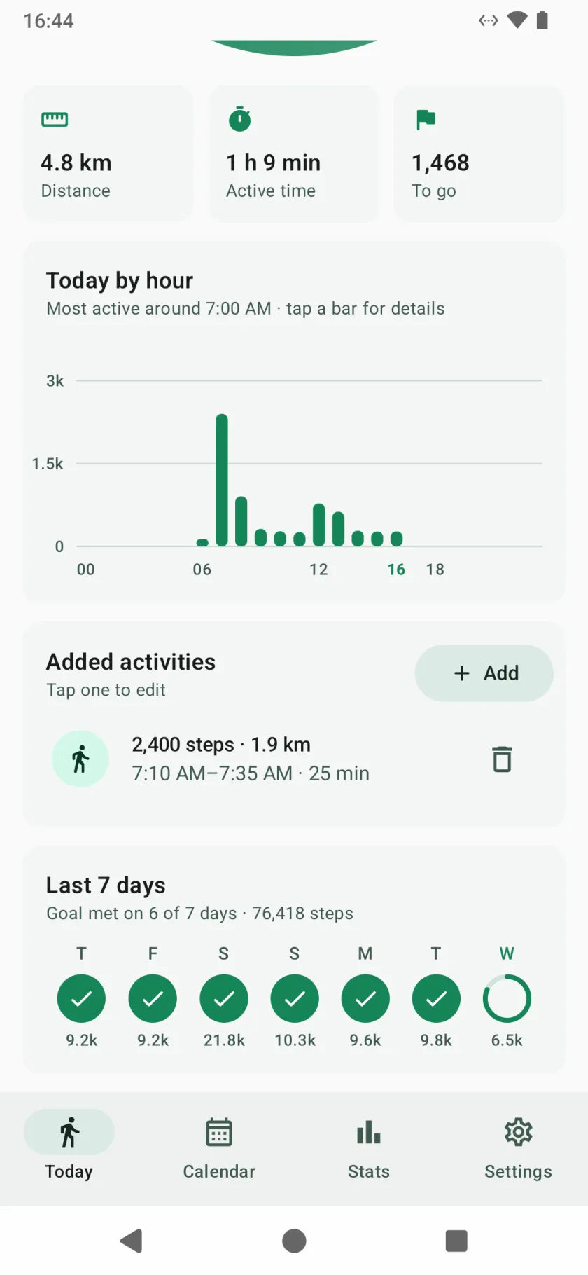 Further down Today: steps by hour, added activities, and the last seven days as rings
