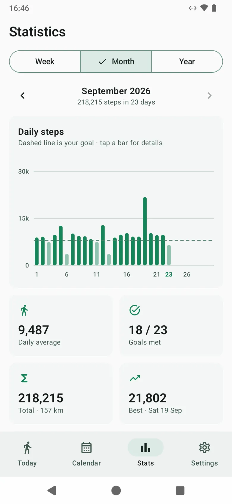 Statistics for one month, with a bar for each day against the goal line