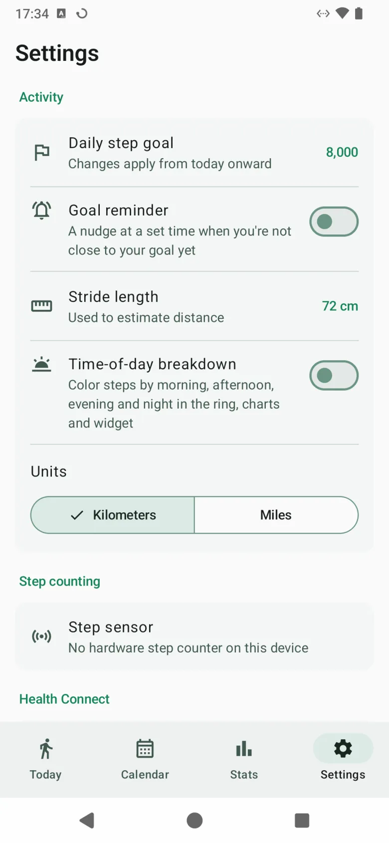 Settings, with the daily step goal, goal reminder, stride length, time-of-day breakdown and units
