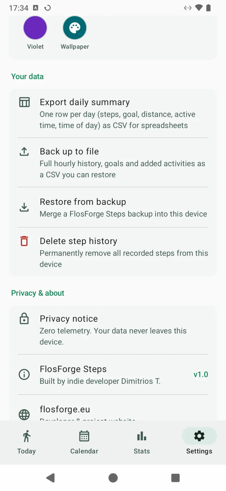 Further down Settings: your data — export a daily summary, back up to a file, restore, delete step history — and the privacy notice