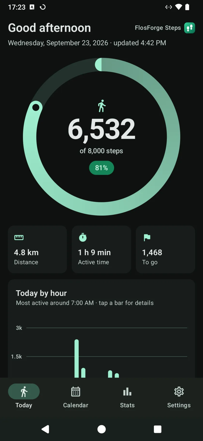 The Today screen, with a ring filling toward the daily step goal, and distance, active time and steps to go below it
