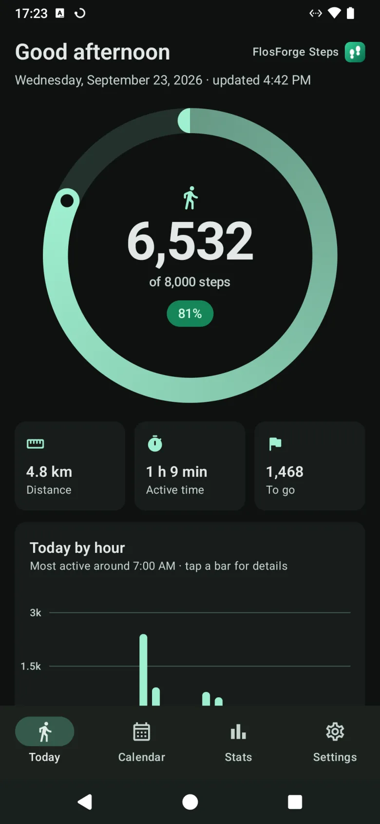 The Today screen, with a ring filling toward the daily step goal, and distance, active time and steps to go below it
